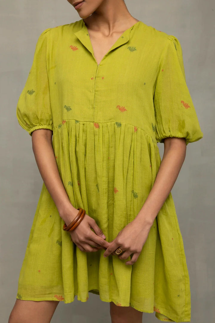 Green Pakhi Pure Cotton Jamdani Dress | SHOBITAM