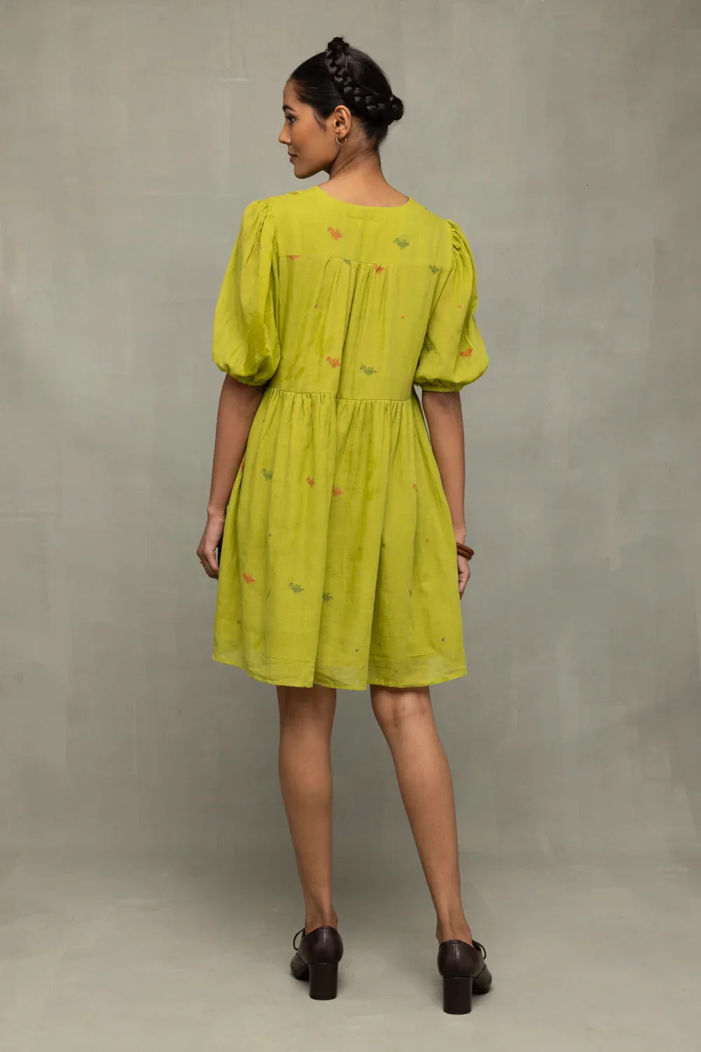 Green Pakhi Pure Cotton Jamdani Dress | SHOBITAM