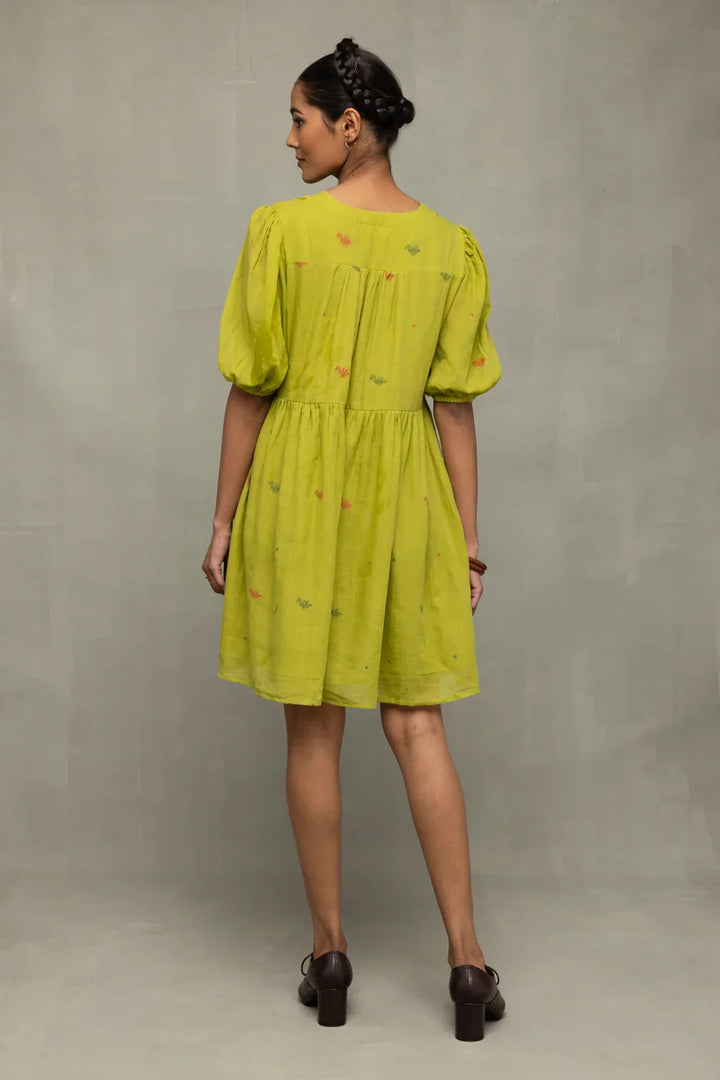 Green Pakhi Pure Cotton Jamdani Dress | SHOBITAM