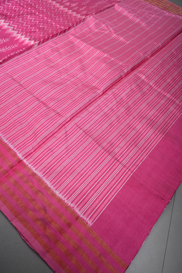 Rose Pink Pochampally Ikkat Pure Silk Saree with Multiple Panel Design and Stripes Tissue Border | SILK MARK CERTIFIED | SHOBITAM