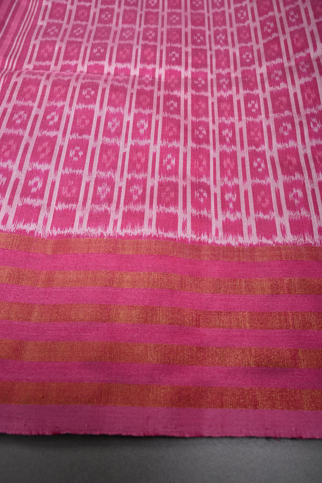 Rose Pink Pochampally Ikkat Pure Silk Saree with Multiple Panel Design and Stripes Tissue Border | SILK MARK CERTIFIED | SHOBITAM