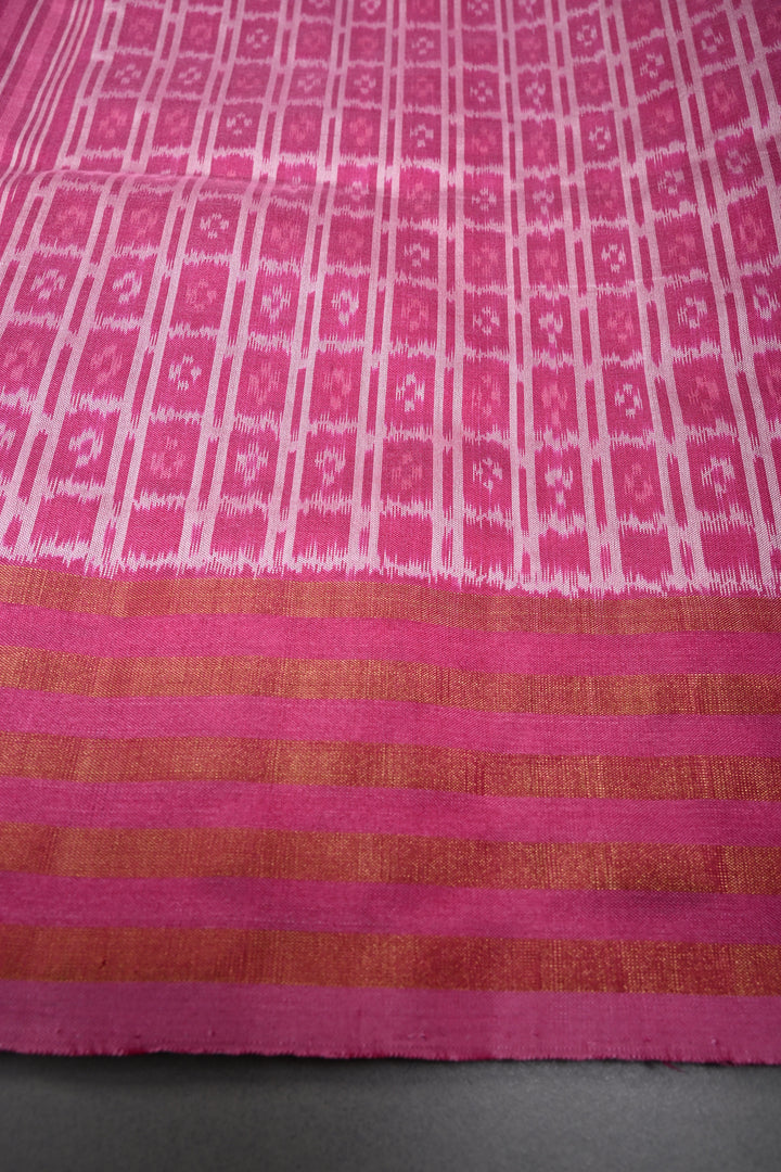 Rose Pink Pochampally Ikkat Pure Silk Saree with Multiple Panel Design and Stripes Tissue Border | SILK MARK CERTIFIED | SHOBITAM