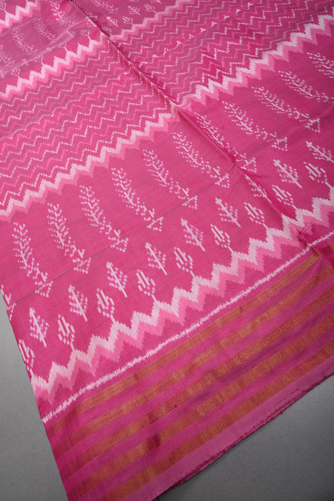 Rose Pink Pochampally Ikkat Pure Silk Saree with Multiple Panel Design and Stripes Tissue Border | SILK MARK CERTIFIED | SHOBITAM
