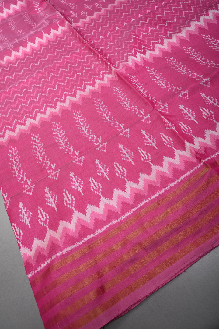 Rose Pink Pochampally Ikkat Pure Silk Saree with Multiple Panel Design and Stripes Tissue Border | SILK MARK CERTIFIED | SHOBITAM