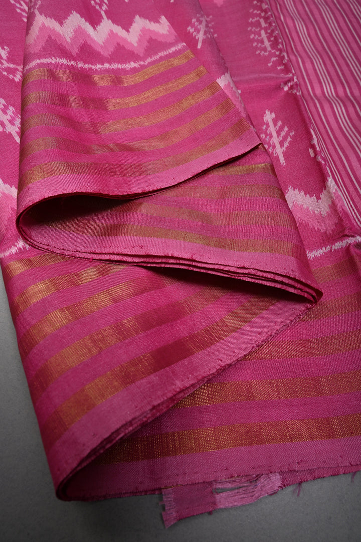 Rose Pink Pochampally Ikkat Pure Silk Saree with Multiple Panel Design and Stripes Tissue Border | SILK MARK CERTIFIED | SHOBITAM