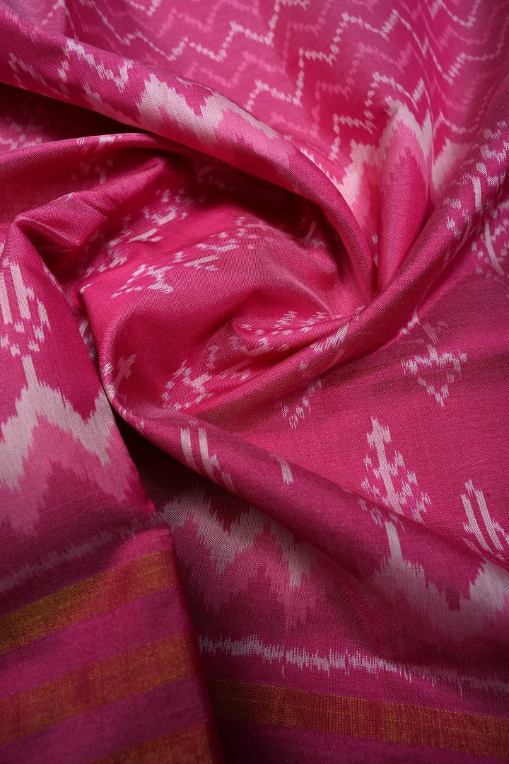 Rose Pink Pochampally Ikkat Pure Silk Saree with Multiple Panel Design and Stripes Tissue Border | SILK MARK CERTIFIED | SHOBITAM