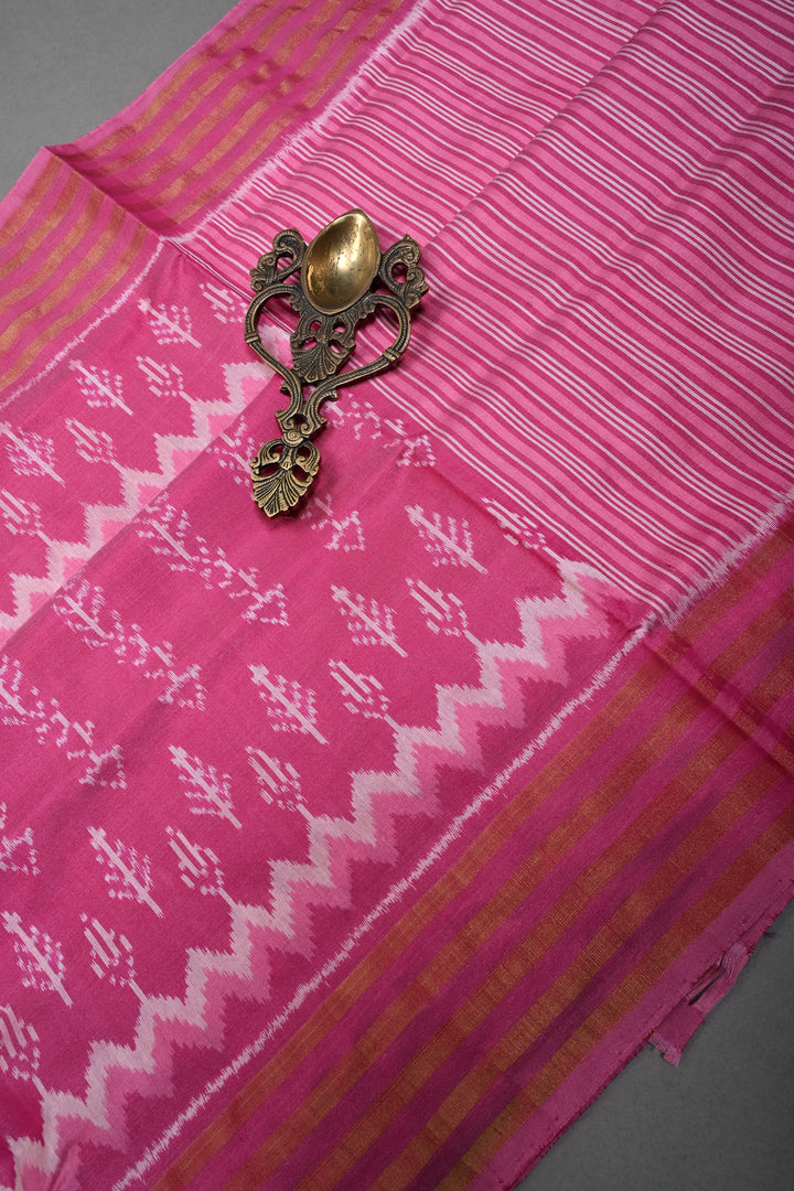 Rose Pink Pochampally Ikkat Pure Silk Saree with Multiple Panel Design and Stripes Tissue Border | SILK MARK CERTIFIED | SHOBITAM