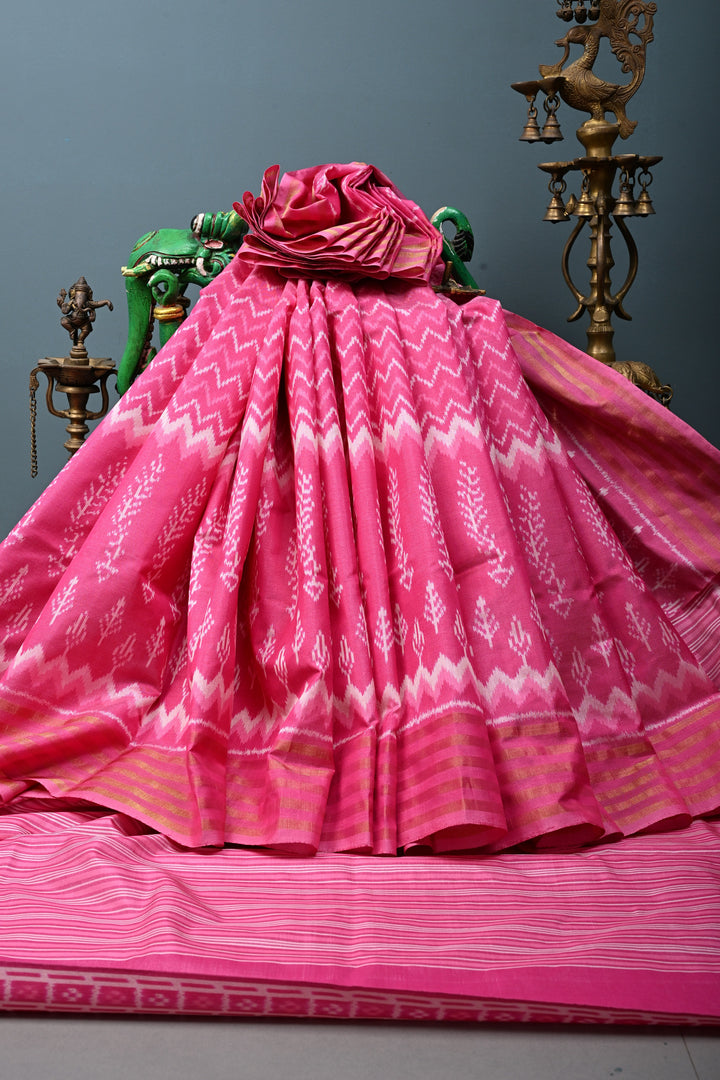 Rose Pink Pochampally Ikkat Pure Silk Saree with Multiple Panel Design and Stripes Tissue Border | SILK MARK CERTIFIED | SHOBITAM