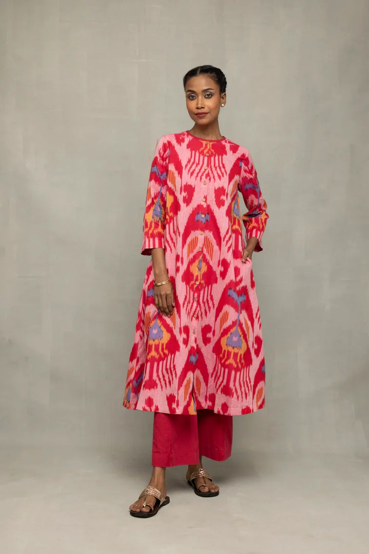 Handloom Pink Abstract Ikat Co-Ord Set | SHOBITAM