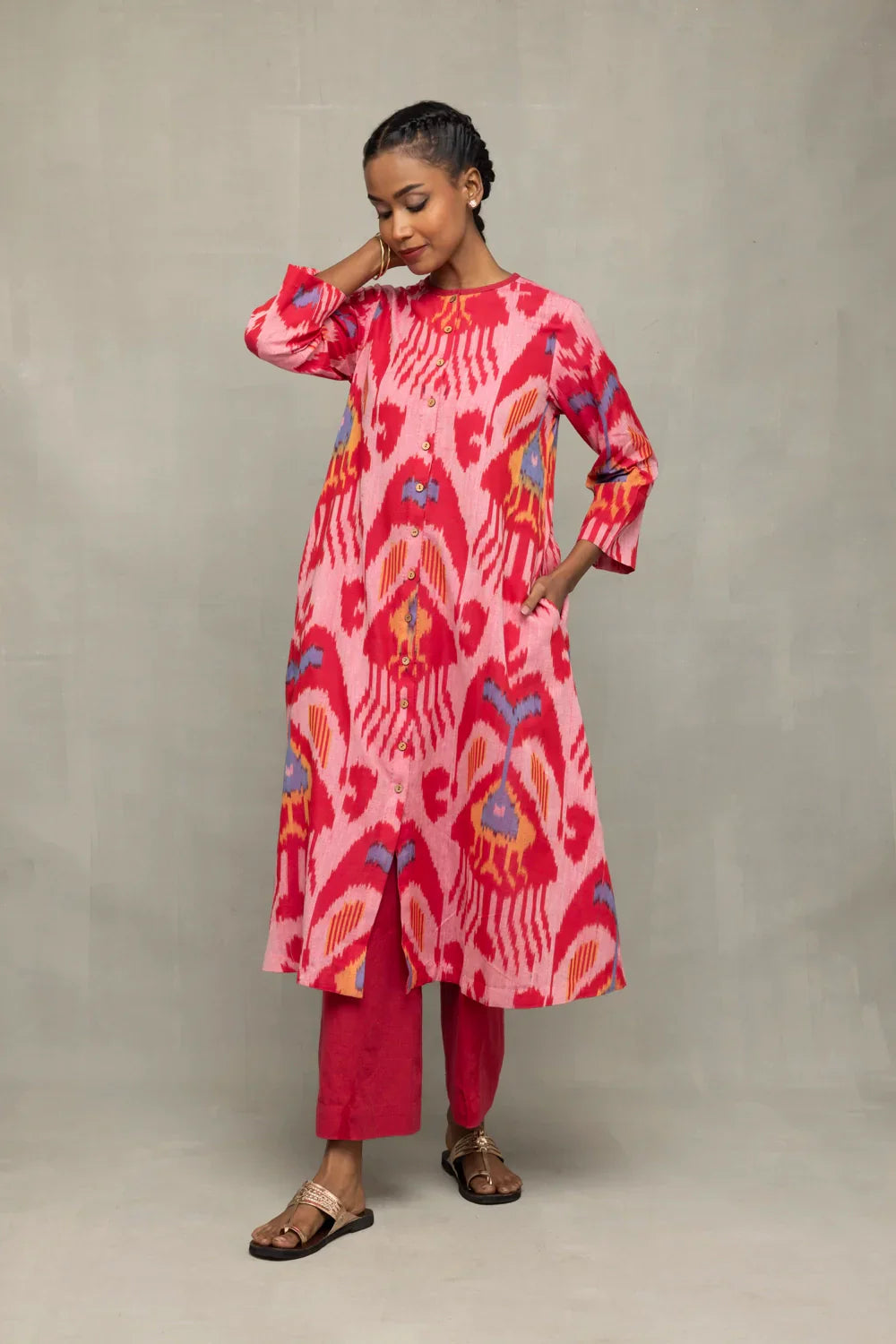 Handloom Pink Abstract Ikat Co-Ord Set | SHOBITAM