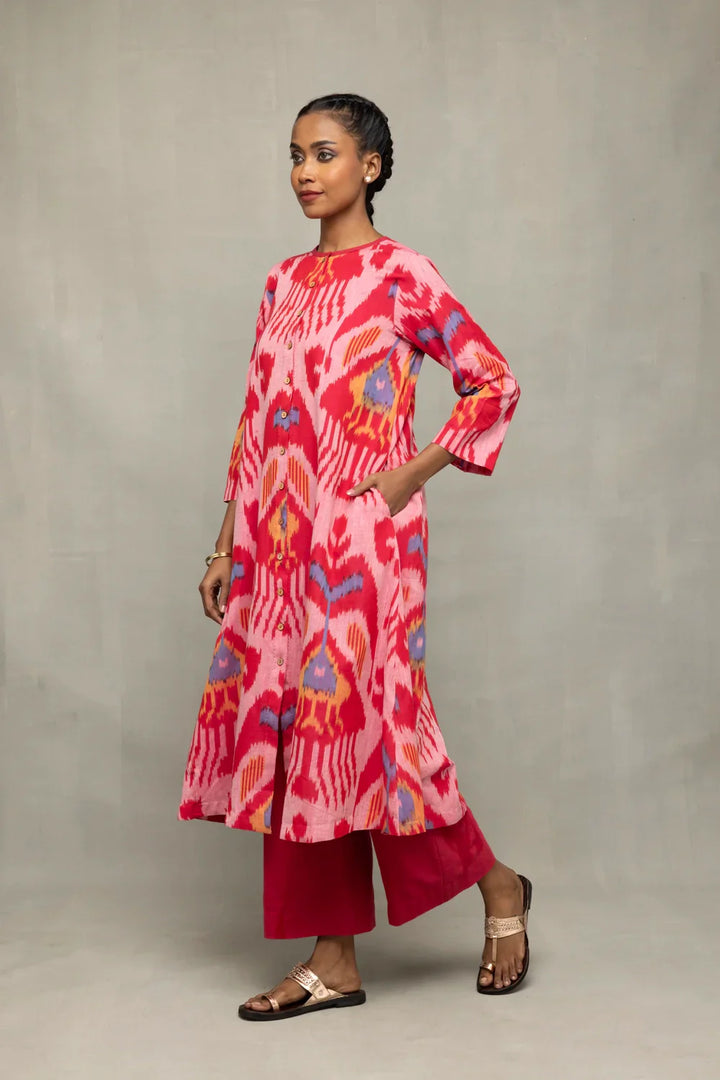 Handloom Pink Abstract Ikat Co-Ord Set | SHOBITAM