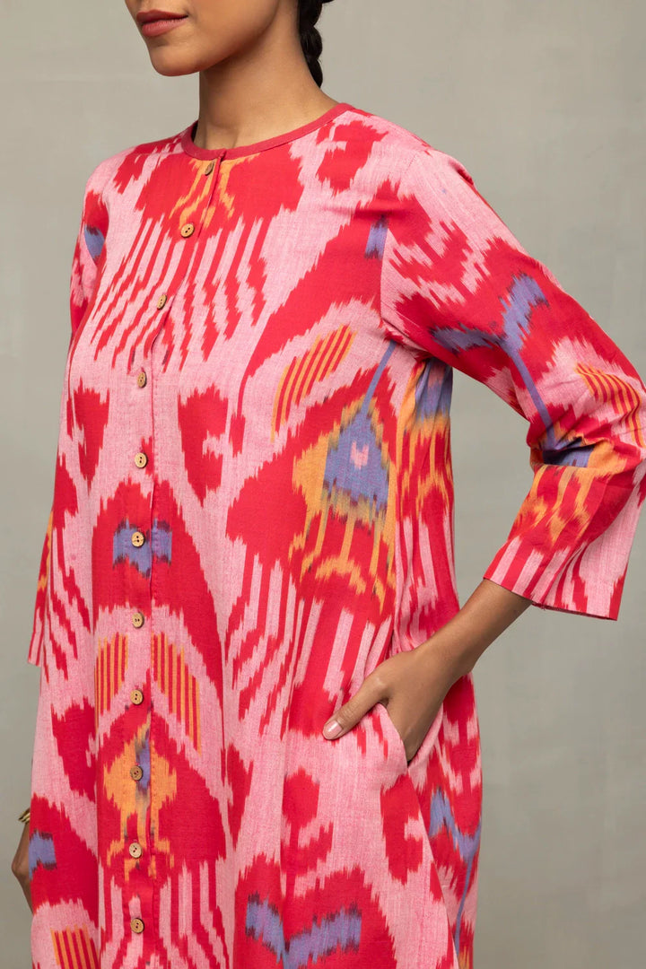 Handloom Pink Abstract Ikat Co-Ord Set | SHOBITAM