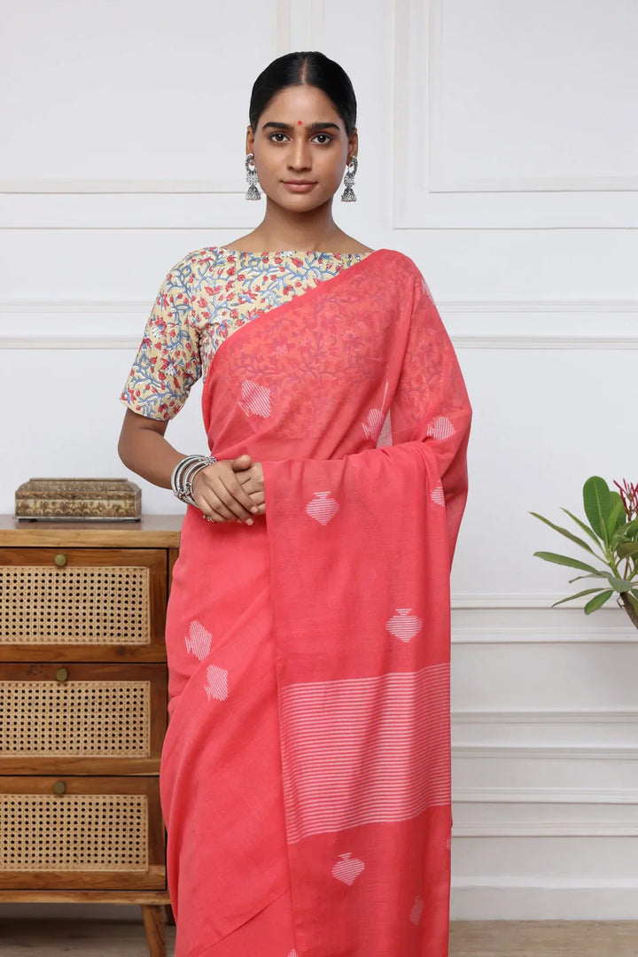 Handloom Watermelon Pink Mulmul Cotton Jamdani Saree | SHOBITAM