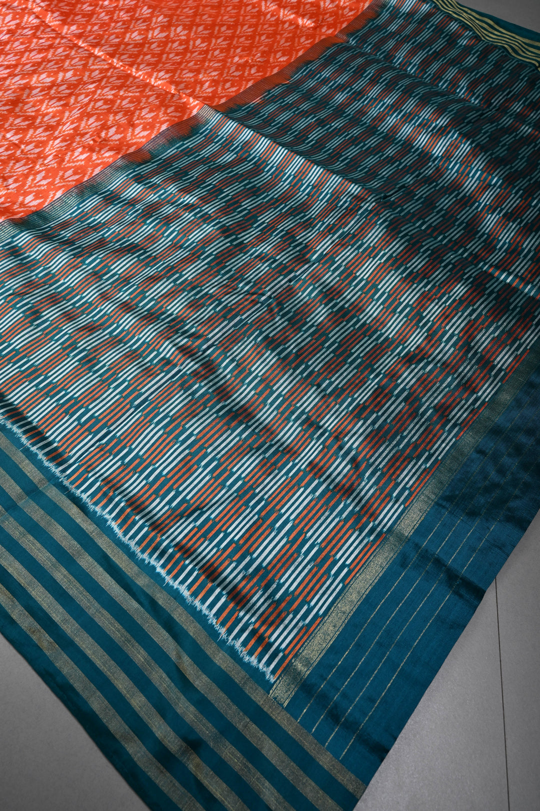 Orange Pochampally Ikkat Pure Silk Saree with Brocade and Contrast Tissue Border | SILK MARK CERTIFIED | SHOBITAM