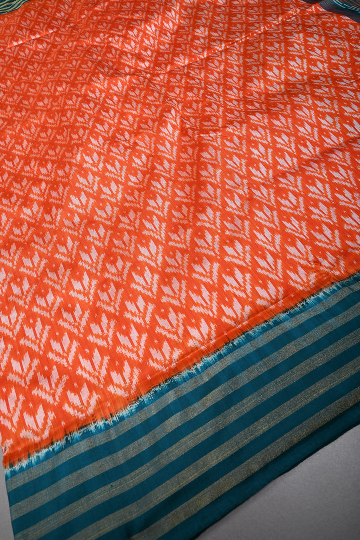 Orange Pochampally Ikkat Pure Silk Saree with Brocade and Contrast Tissue Border | SILK MARK CERTIFIED | SHOBITAM