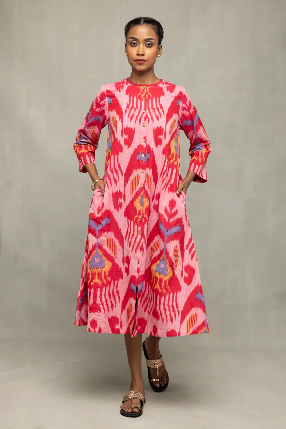 Handloom Pink Abstract Ikat Dress | SHOBITAM