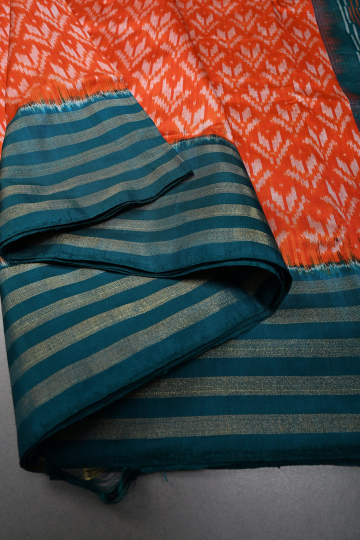 Orange Pochampally Ikkat Pure Silk Saree with Brocade and Contrast Tissue Border | SILK MARK CERTIFIED | SHOBITAM
