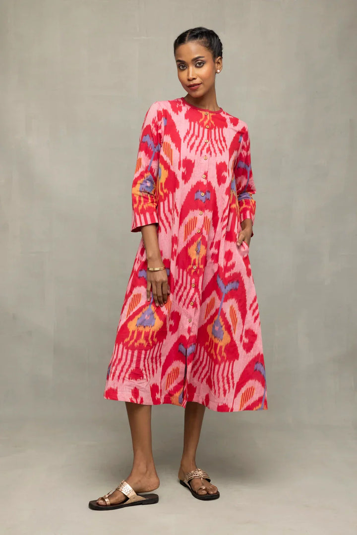 Handloom Pink Abstract Ikat Dress | SHOBITAM