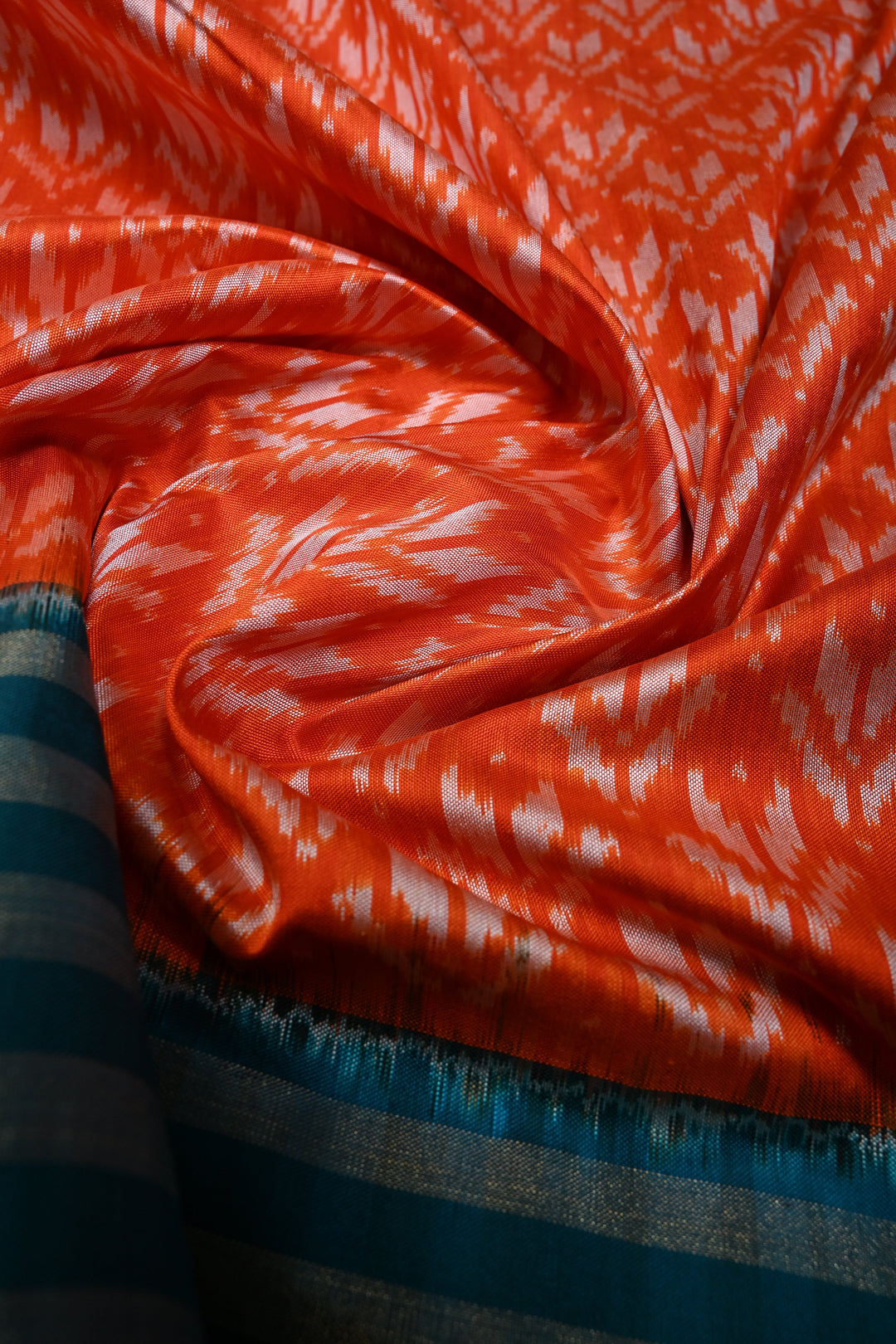Orange Pochampally Ikkat Pure Silk Saree with Brocade and Contrast Tissue Border | SILK MARK CERTIFIED | SHOBITAM