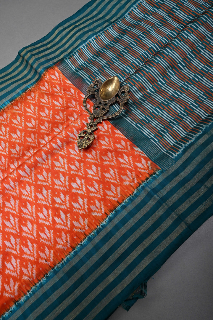Orange Pochampally Ikkat Pure Silk Saree with Brocade and Contrast Tissue Border | SILK MARK CERTIFIED | SHOBITAM