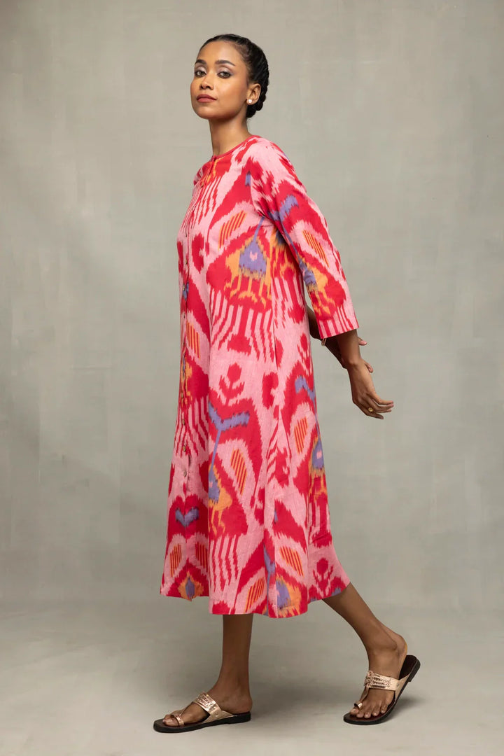 Handloom Pink Abstract Ikat Dress | SHOBITAM
