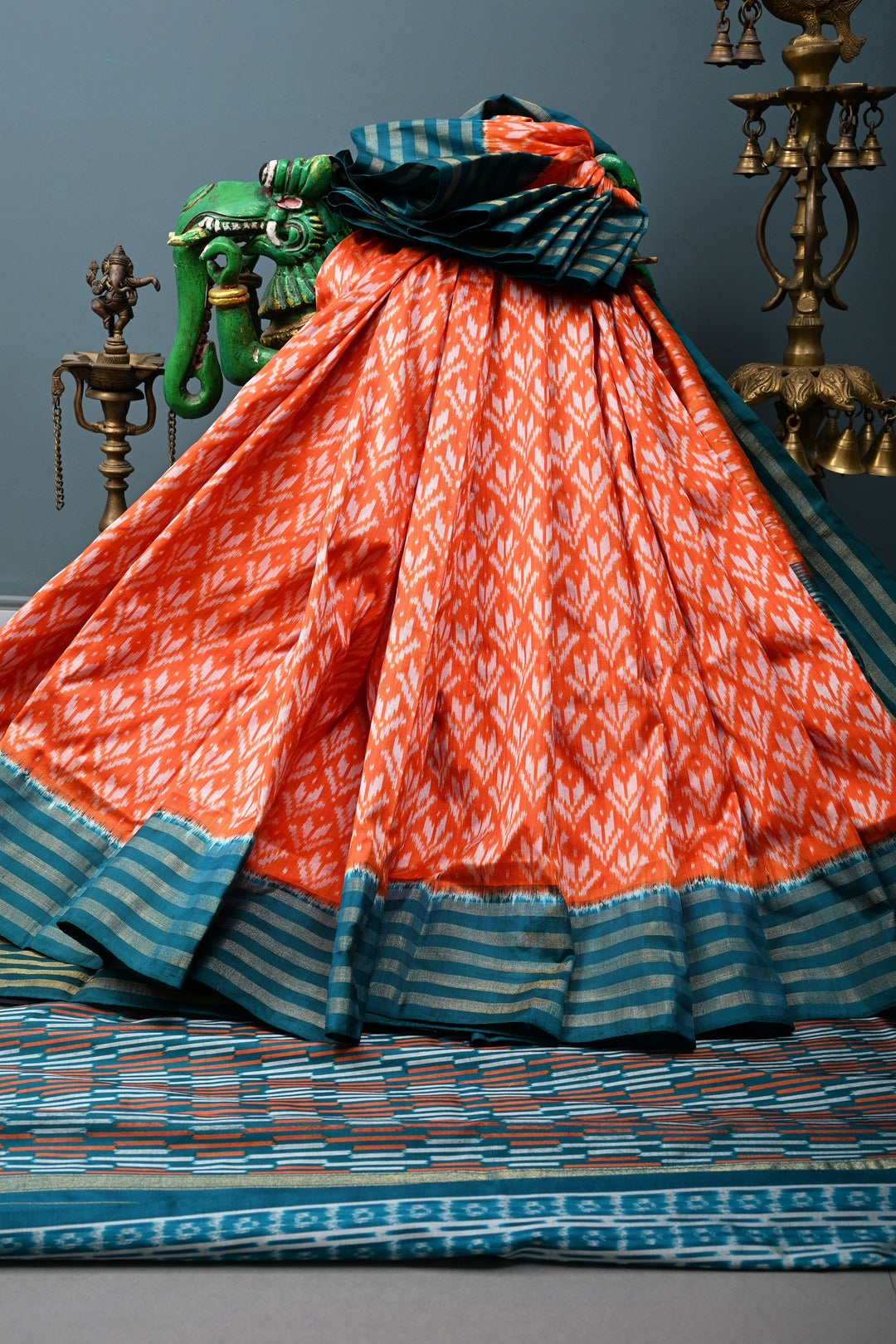 Orange Pochampally Ikkat Pure Silk Saree with Brocade and Contrast Tissue Border | SILK MARK CERTIFIED | SHOBITAM