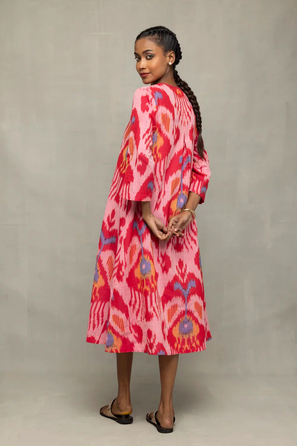Handloom Pink Abstract Ikat Dress | SHOBITAM