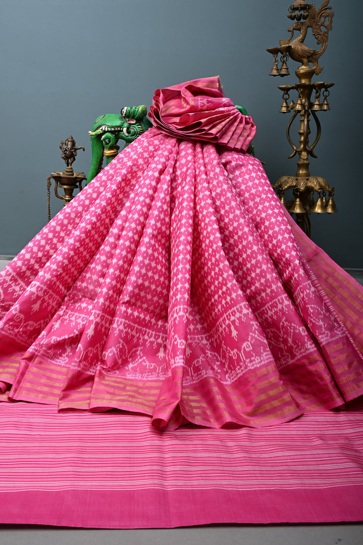 Pink Pochampally Ikkat Pure Silk Saree with Brocade and Zari Border | SILK MARK CERTIFIED | SHOBITAM