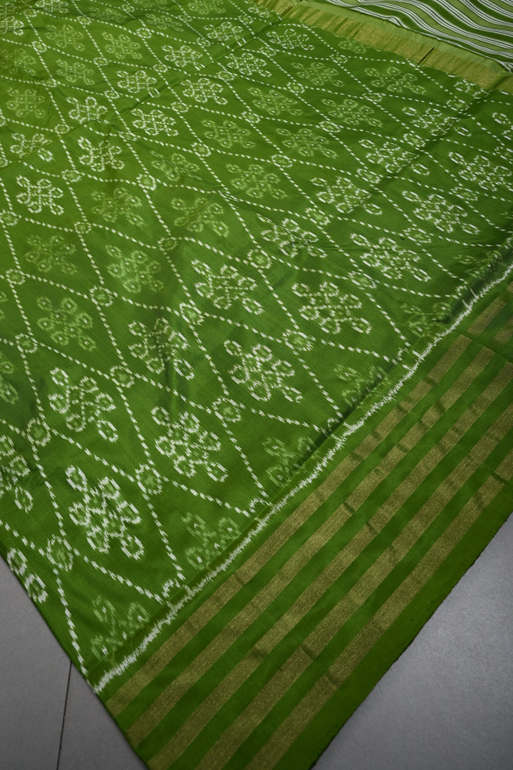 Mehendi Green Pochampally Ikkat Pure Silk Saree with Rangoli Design and Stripes Border | SILK MARK CERTIFIED | SHOBITAM
