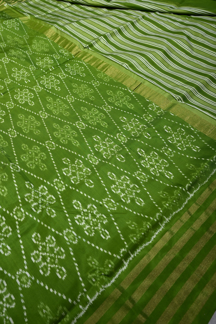 Mehendi Green Pochampally Ikkat Pure Silk Saree with Rangoli Design and Stripes Border | SILK MARK CERTIFIED | SHOBITAM