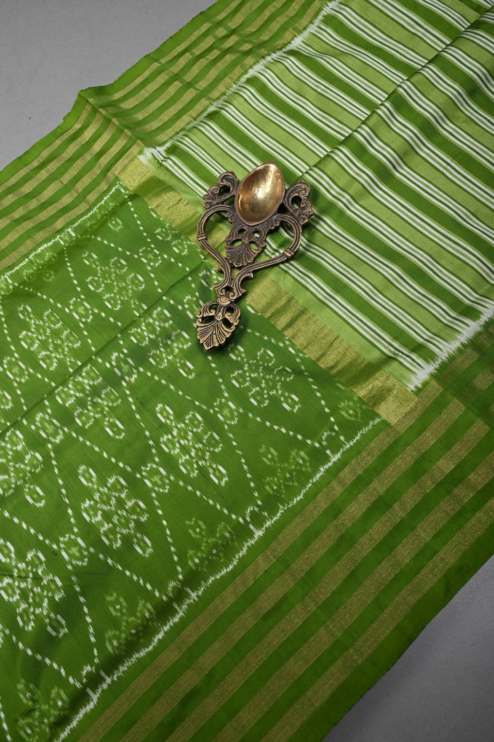Mehendi Green Pochampally Ikkat Pure Silk Saree with Rangoli Design and Stripes Border | SILK MARK CERTIFIED | SHOBITAM