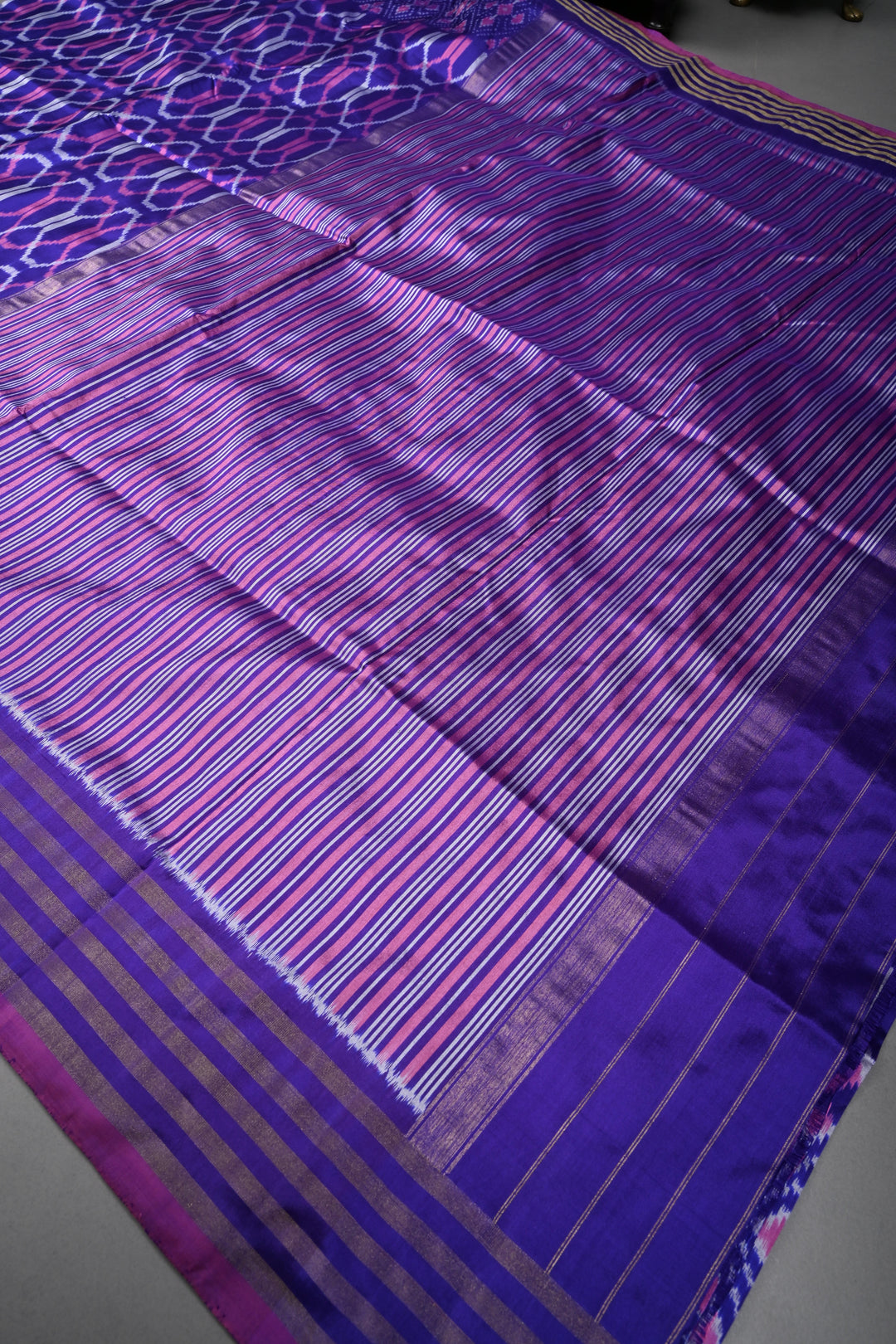 Purple Pochampally Ikkat Pure Silk Saree with Geometric Design and Tissue Stripes Border | SILK MARK CERTIFIED | SHOBITAM