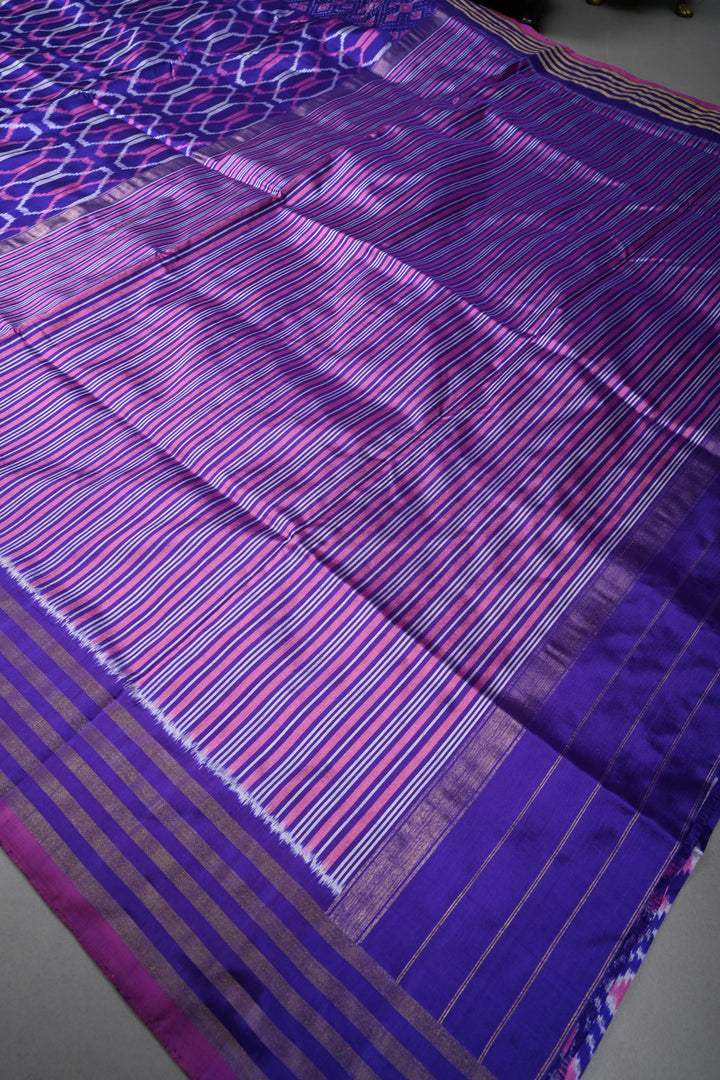 Purple Pochampally Ikkat Pure Silk Saree with Geometric Design and Tissue Stripes Border | SILK MARK CERTIFIED | SHOBITAM