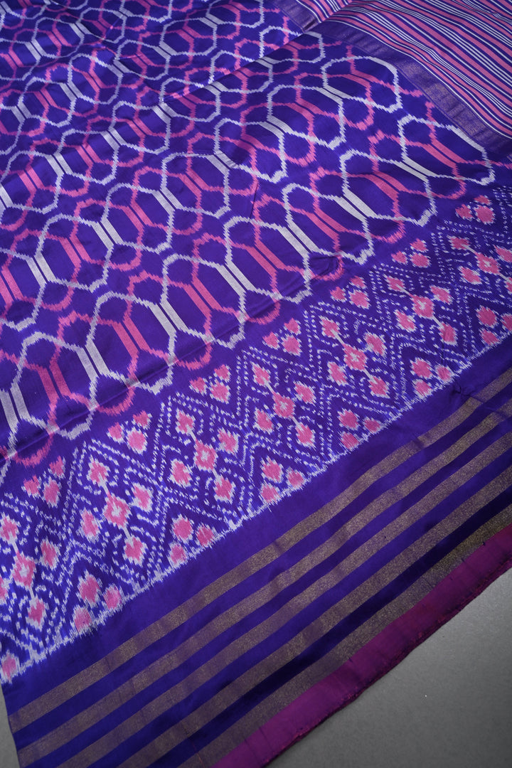 Purple Pochampally Ikkat Pure Silk Saree with Geometric Design and Tissue Stripes Border | SILK MARK CERTIFIED | SHOBITAM