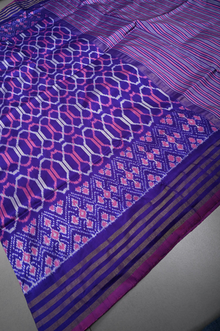 Purple Pochampally Ikkat Pure Silk Saree with Geometric Design and Tissue Stripes Border | SILK MARK CERTIFIED | SHOBITAM