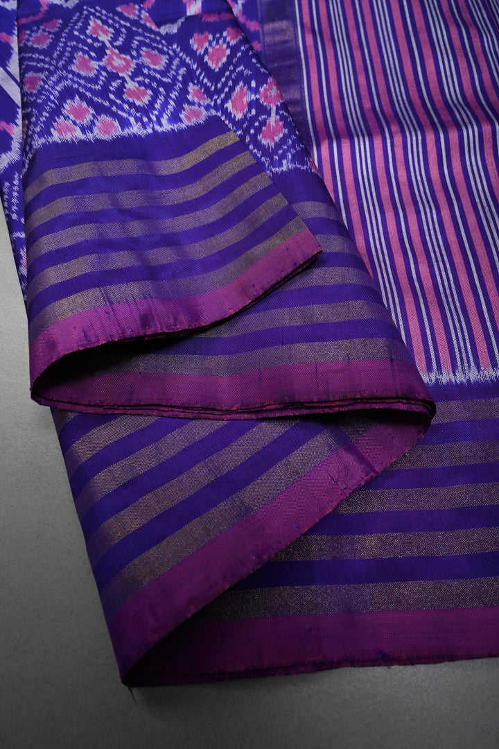 Purple Pochampally Ikkat Pure Silk Saree with Geometric Design and Tissue Stripes Border | SILK MARK CERTIFIED | SHOBITAM