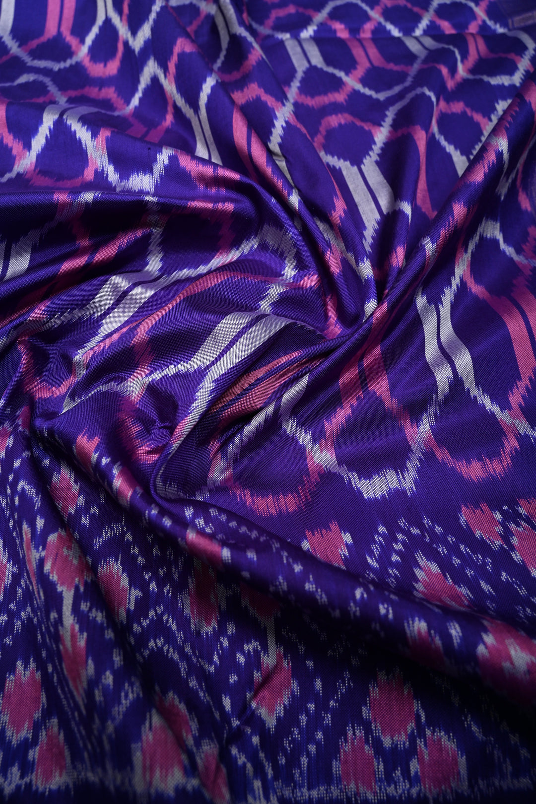 Purple Pochampally Ikkat Pure Silk Saree with Geometric Design and Tissue Stripes Border | SILK MARK CERTIFIED | SHOBITAM