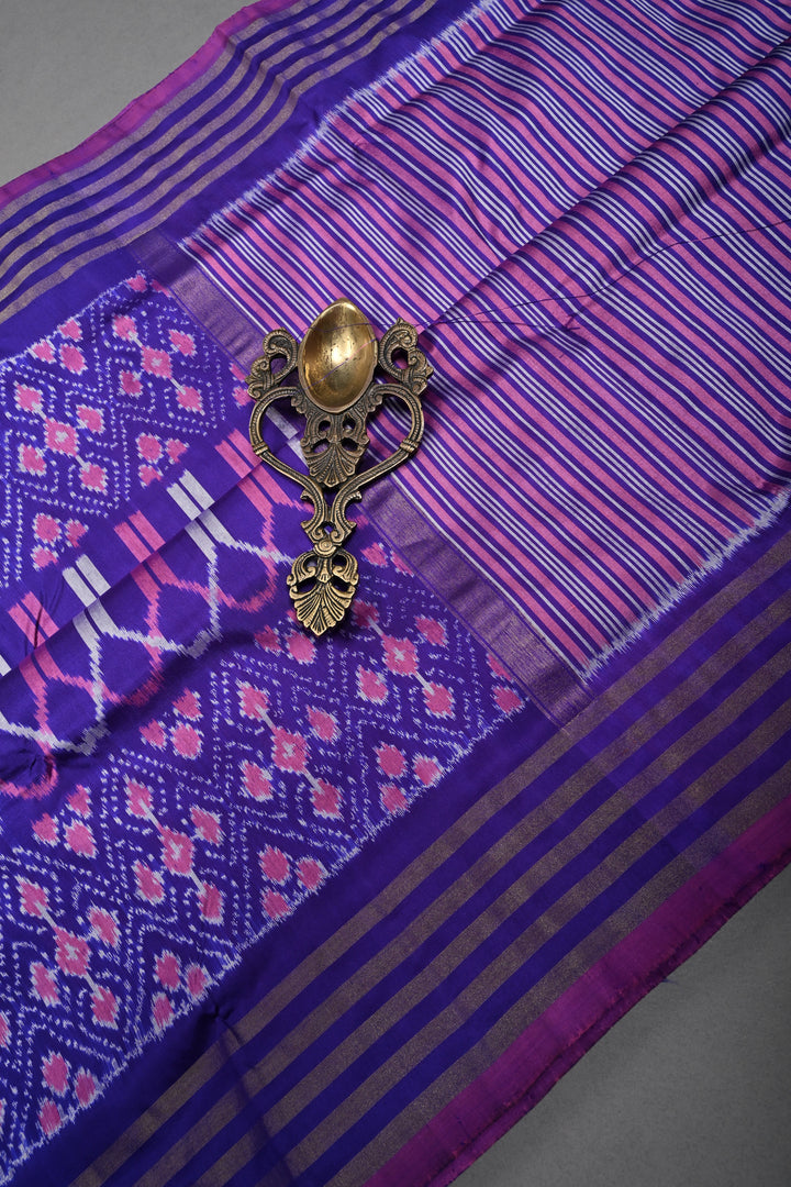 Purple Pochampally Ikkat Pure Silk Saree with Geometric Design and Tissue Stripes Border | SILK MARK CERTIFIED | SHOBITAM