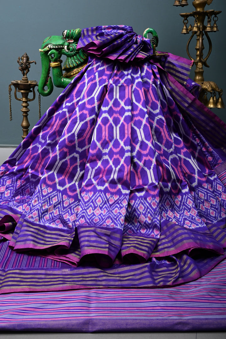 Purple Pochampally Ikkat Pure Silk Saree with Geometric Design and Tissue Stripes Border | SILK MARK CERTIFIED | SHOBITAM