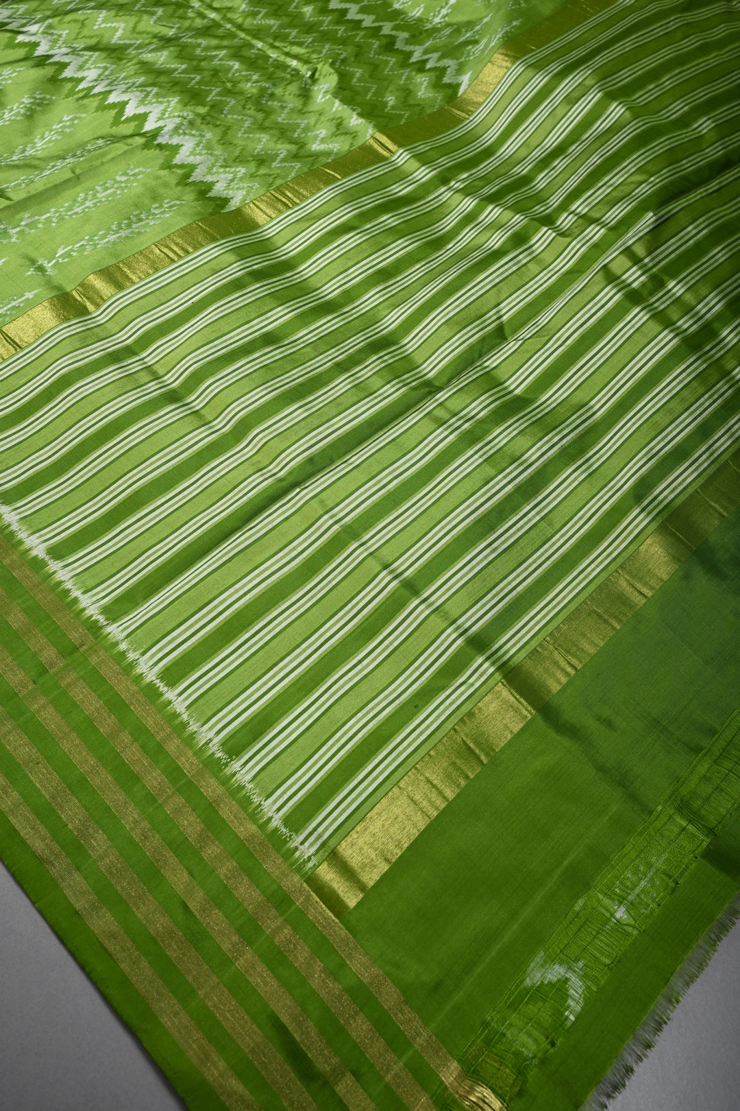 Mehendi Green Pochampally Ikkat Pure Silk Saree with Multiple Panel Design and Tissue Stripes Border | SILK MARK CERTIFIED | SHOBITAM