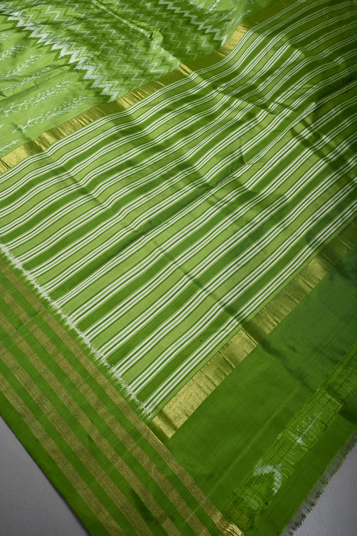 Mehendi Green Pochampally Ikkat Pure Silk Saree with Multiple Panel Design and Tissue Stripes Border | SILK MARK CERTIFIED | SHOBITAM