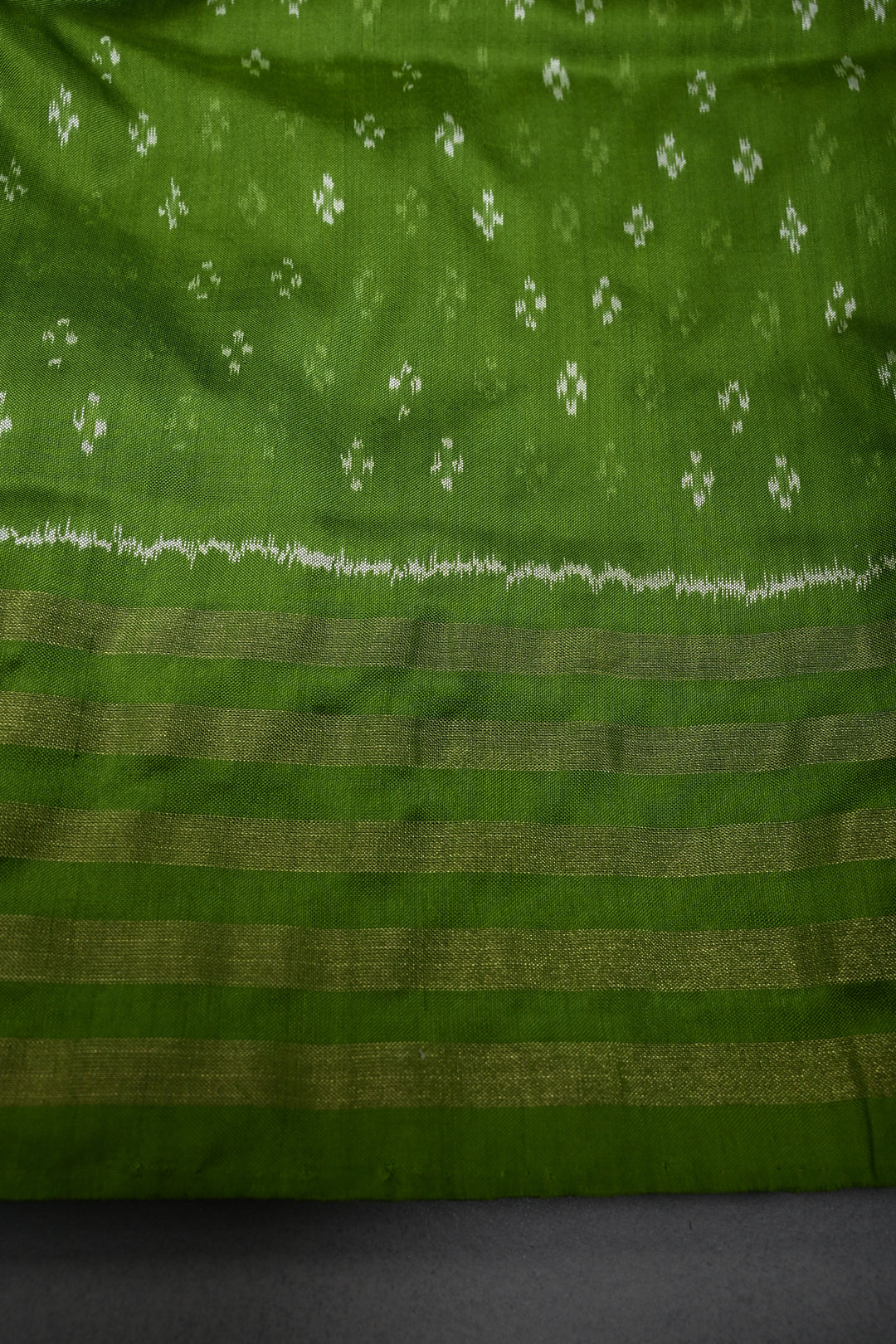 Mehendi Green Pochampally Ikkat Pure Silk Saree with Multiple Panel Design and Tissue Stripes Border | SILK MARK CERTIFIED | SHOBITAM