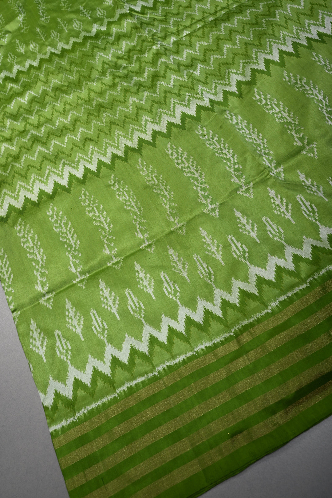 Mehendi Green Pochampally Ikkat Pure Silk Saree with Multiple Panel Design and Tissue Stripes Border | SILK MARK CERTIFIED | SHOBITAM