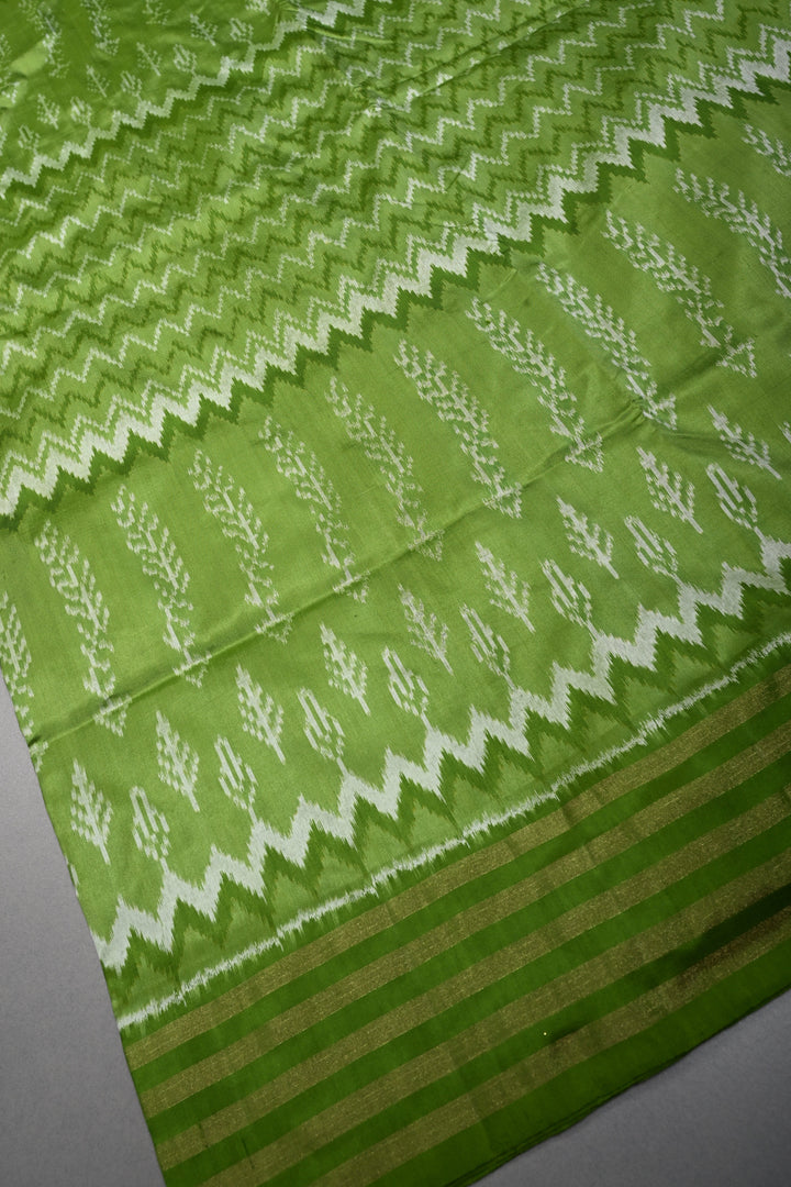 Mehendi Green Pochampally Ikkat Pure Silk Saree with Multiple Panel Design and Tissue Stripes Border | SILK MARK CERTIFIED | SHOBITAM