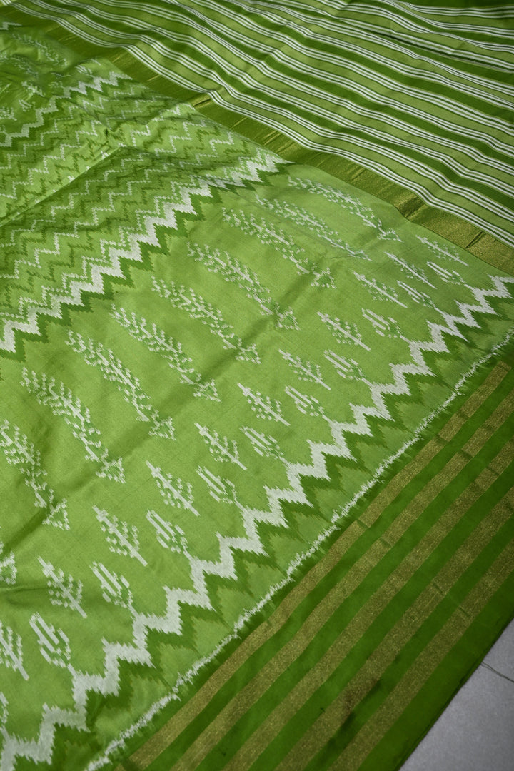 Mehendi Green Pochampally Ikkat Pure Silk Saree with Multiple Panel Design and Tissue Stripes Border | SILK MARK CERTIFIED | SHOBITAM