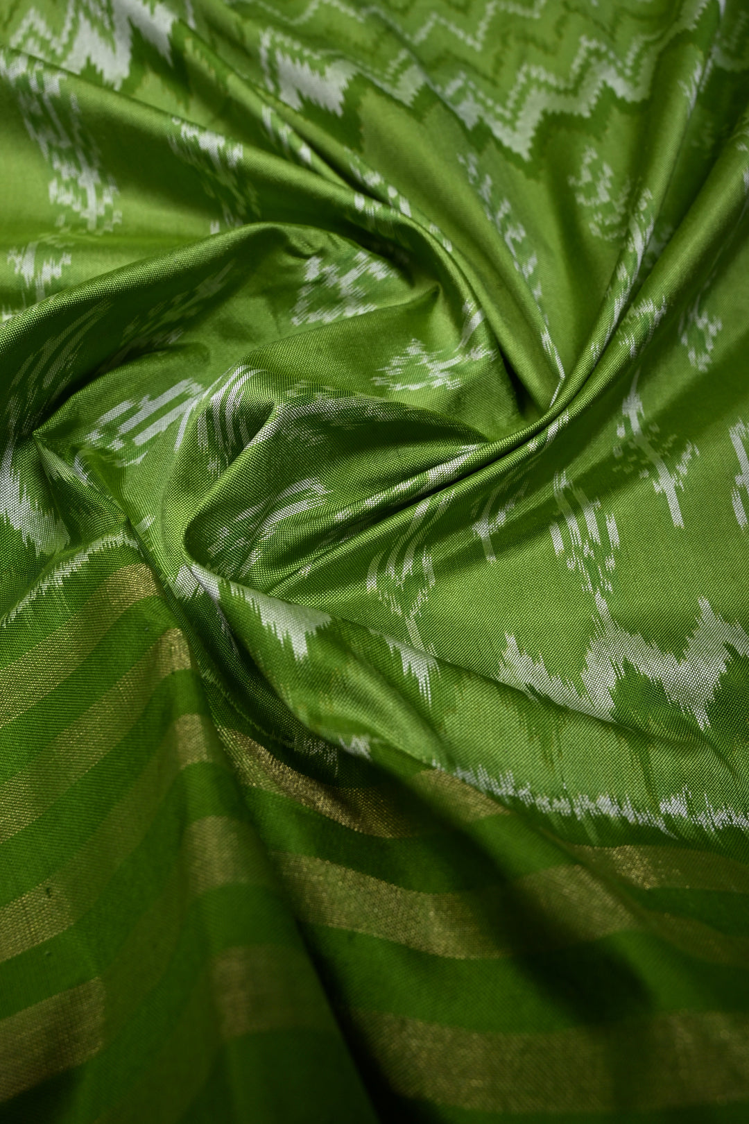 Mehendi Green Pochampally Ikkat Pure Silk Saree with Multiple Panel Design and Tissue Stripes Border | SILK MARK CERTIFIED | SHOBITAM