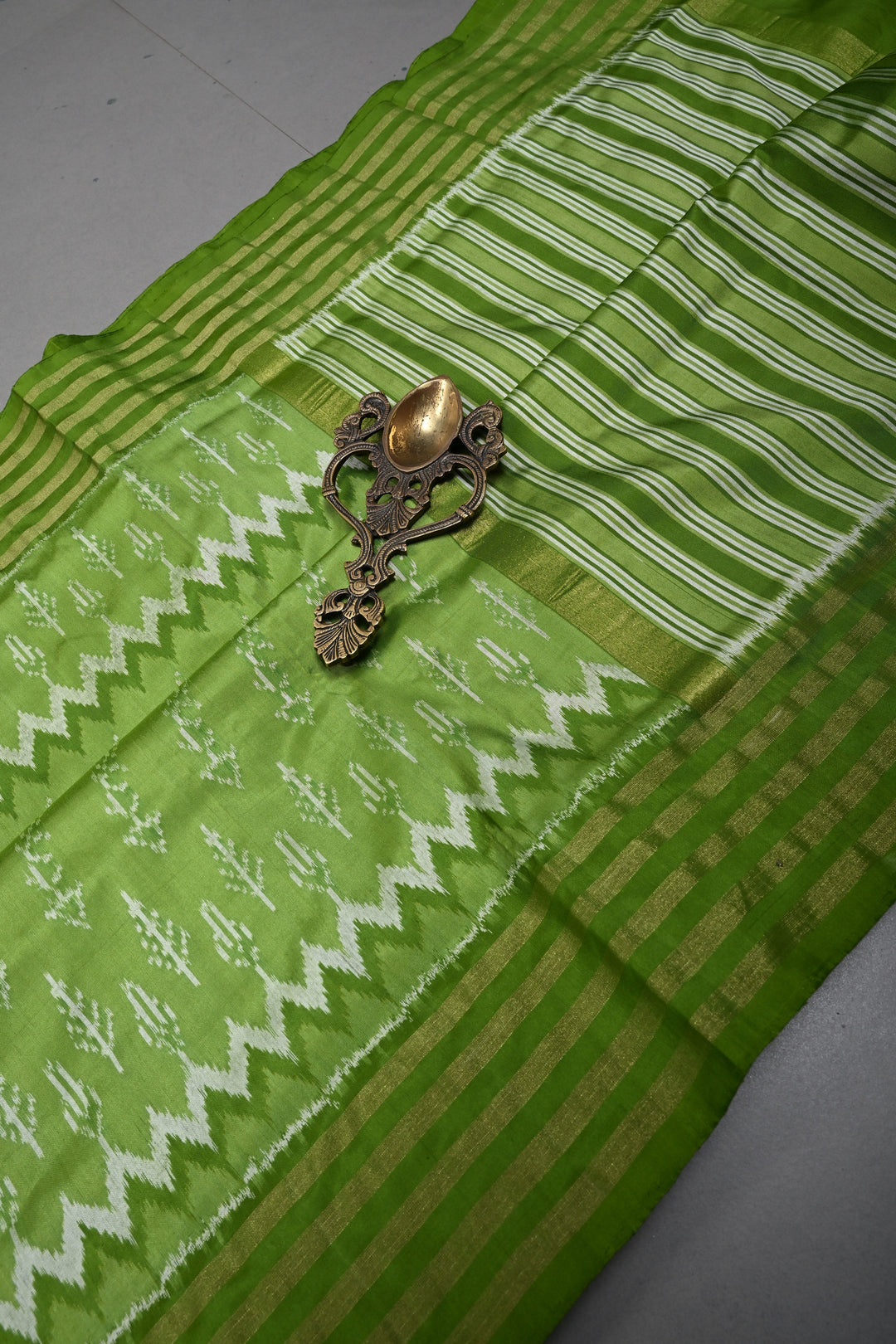 Mehendi Green Pochampally Ikkat Pure Silk Saree with Multiple Panel Design and Tissue Stripes Border | SILK MARK CERTIFIED | SHOBITAM