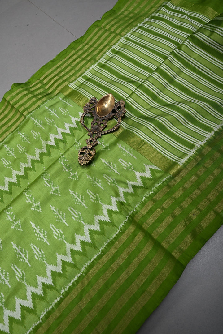 Mehendi Green Pochampally Ikkat Pure Silk Saree with Multiple Panel Design and Tissue Stripes Border | SILK MARK CERTIFIED | SHOBITAM