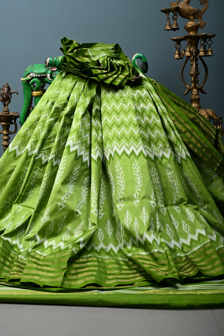 Mehendi Green Pochampally Ikkat Pure Silk Saree with Multiple Panel Design and Tissue Stripes Border | SILK MARK CERTIFIED | SHOBITAM