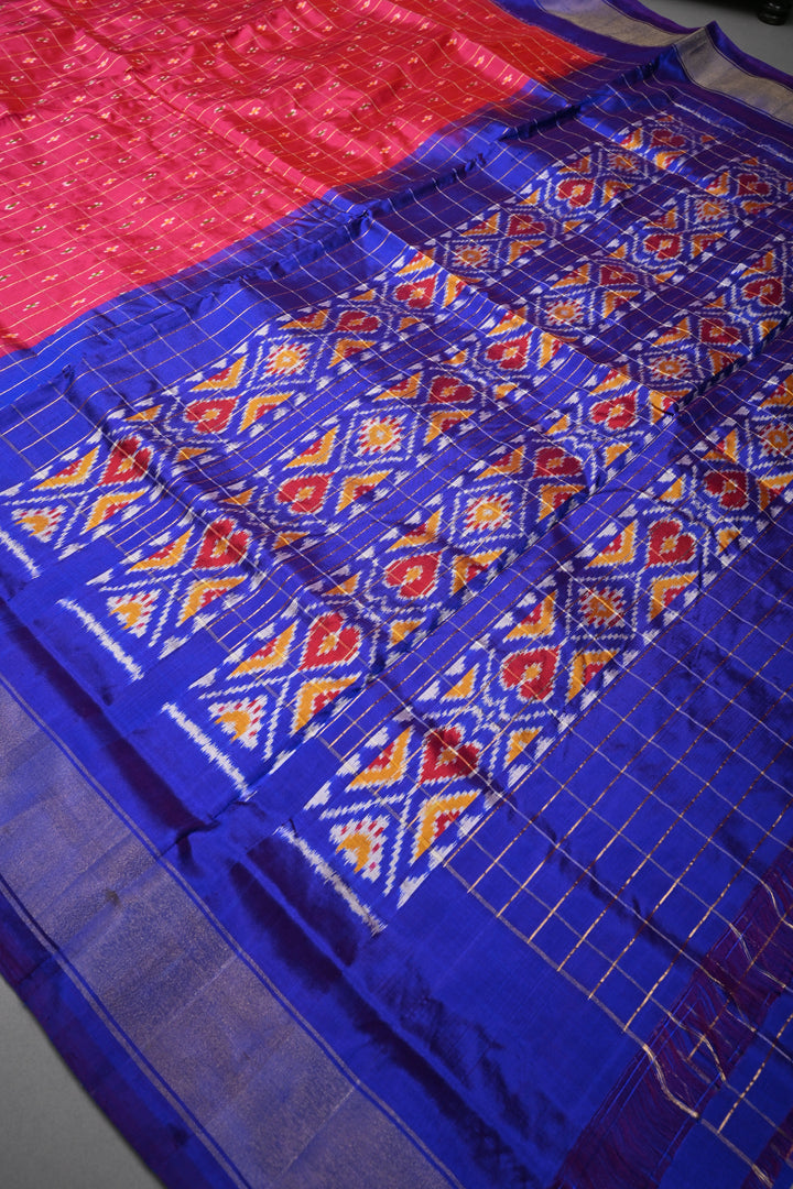 Hot Pink Checks Design on Pochampally Ikkat Pure Silk Saree with Meenakari Buttas and Contrast Panel on Tissue Border | SILK MARK CERTIFIED | SHOBITAM